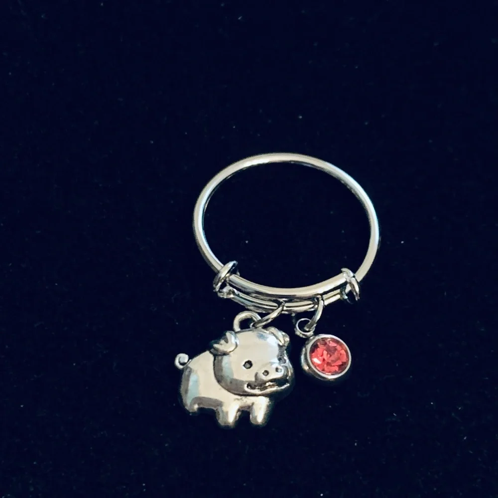 Pig charm dangle ring with birthstone charm